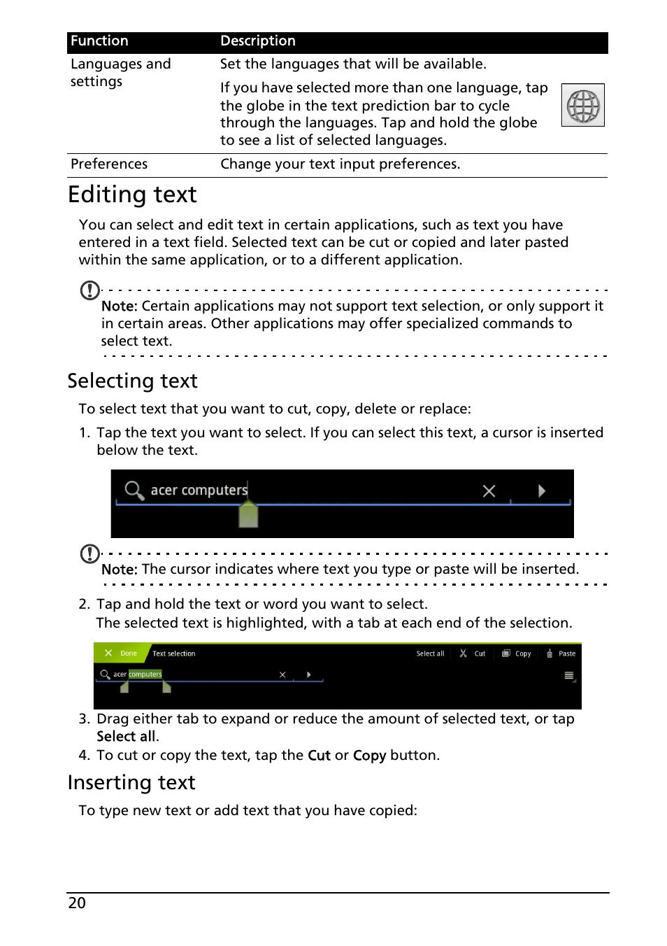 Editing text, Selecting text, Inserting text | Acer A501 User Manual | Page 20 / 65