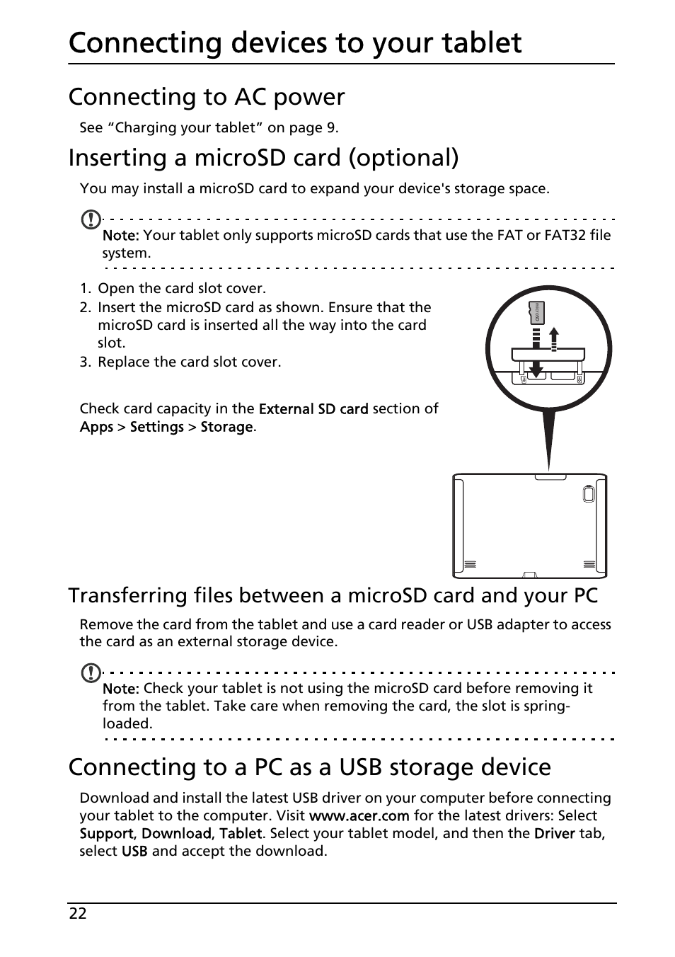 Connecting devices to your tablet, Connecting to ac power, Inserting a microsd card (optional) | Connecting to a pc as a usb storage device | Acer A501 User Manual | Page 22 / 65