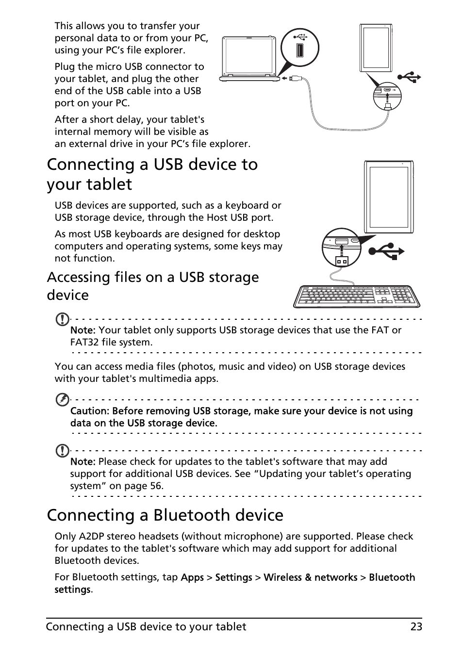 Connecting a usb device to your tablet, Connecting a bluetooth device, Accessing files on a usb storage device | Acer A501 User Manual | Page 23 / 65