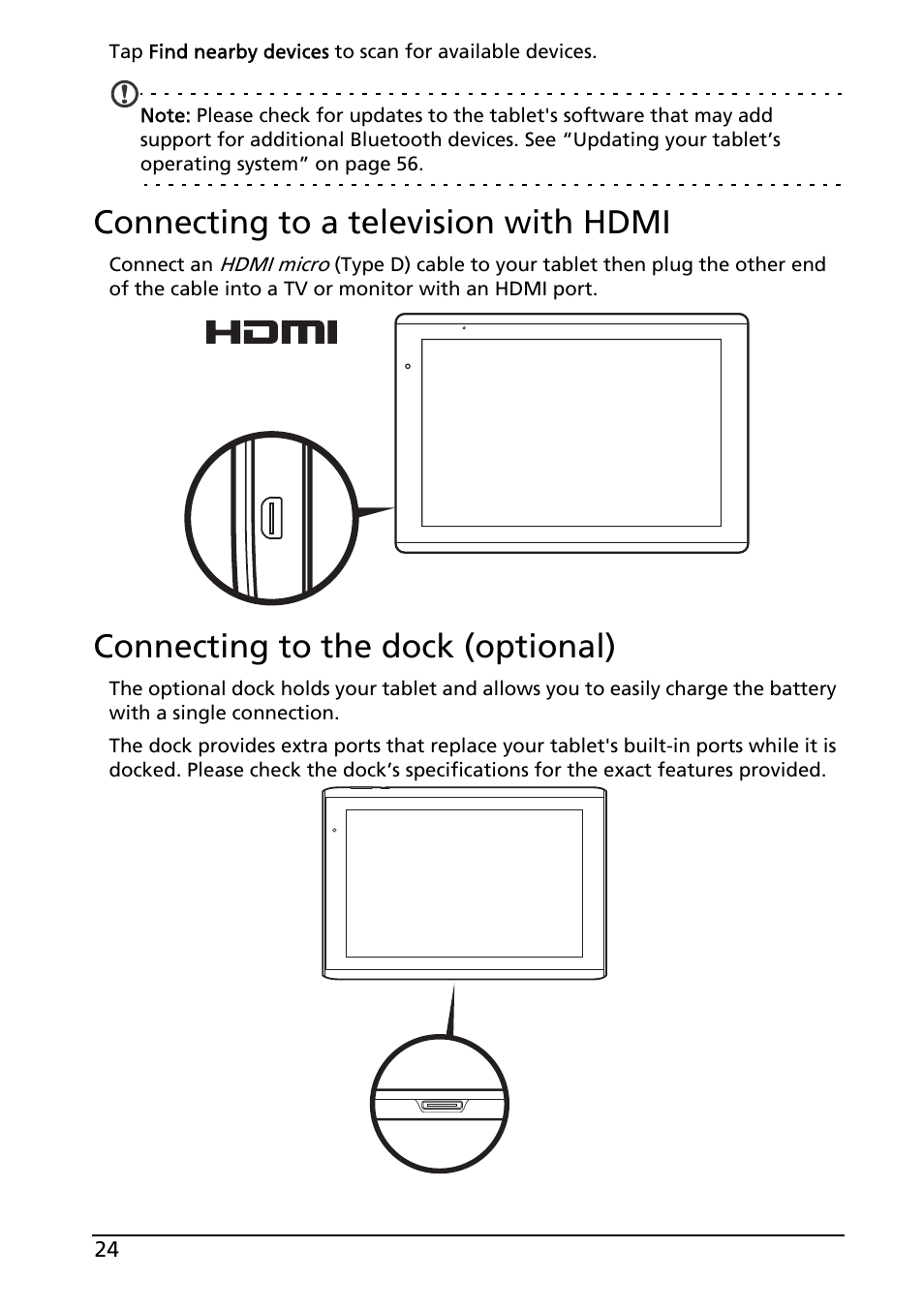 Connecting to a television with hdmi, Connecting to the dock (optional) | Acer A501 User Manual | Page 24 / 65