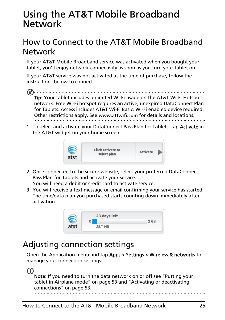 Using the at&t mobile broadband network, Adjusting connection settings | Acer A501 User Manual | Page 25 / 65