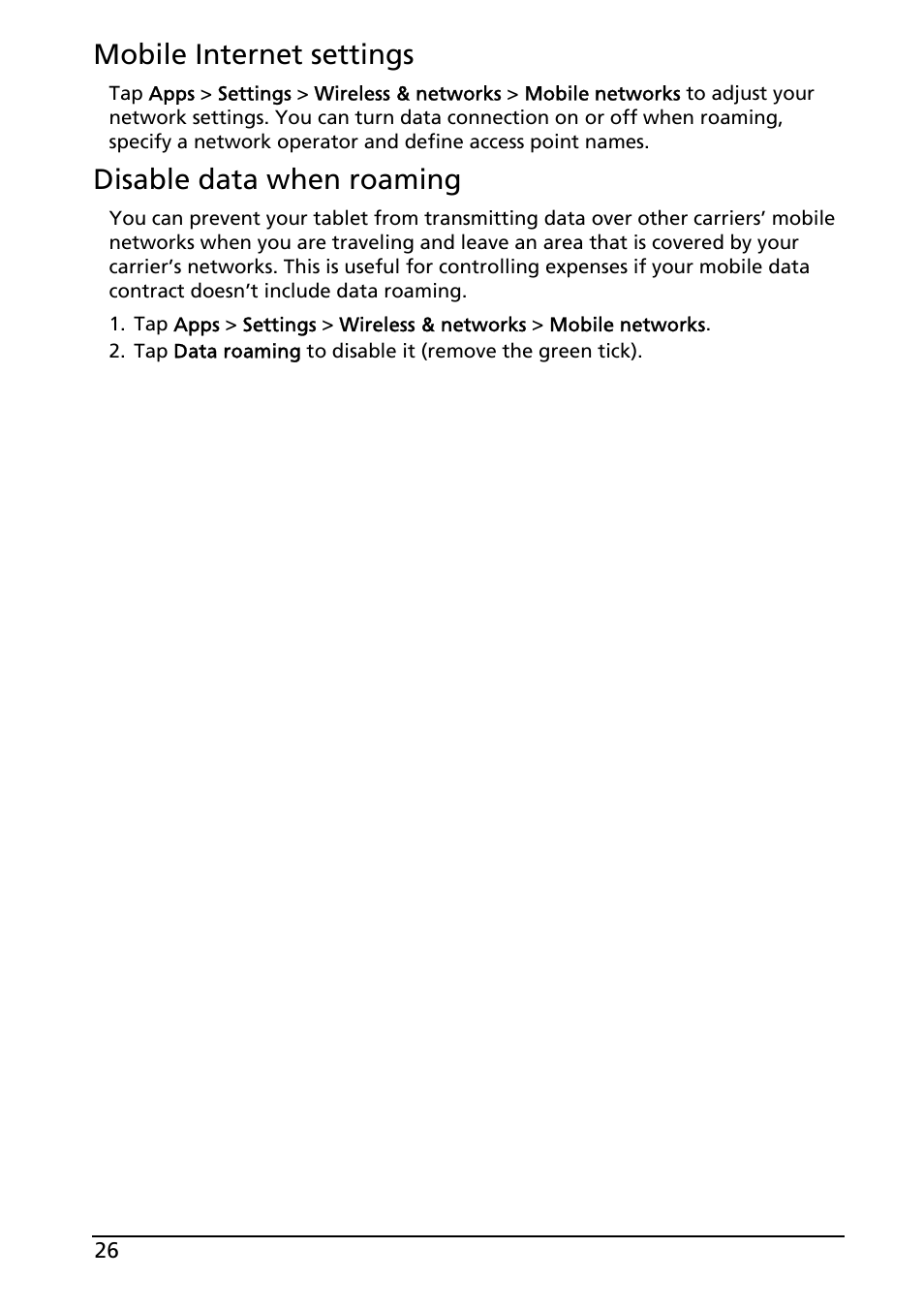 Mobile internet settings, Disable data when roaming | Acer A501 User Manual | Page 26 / 65