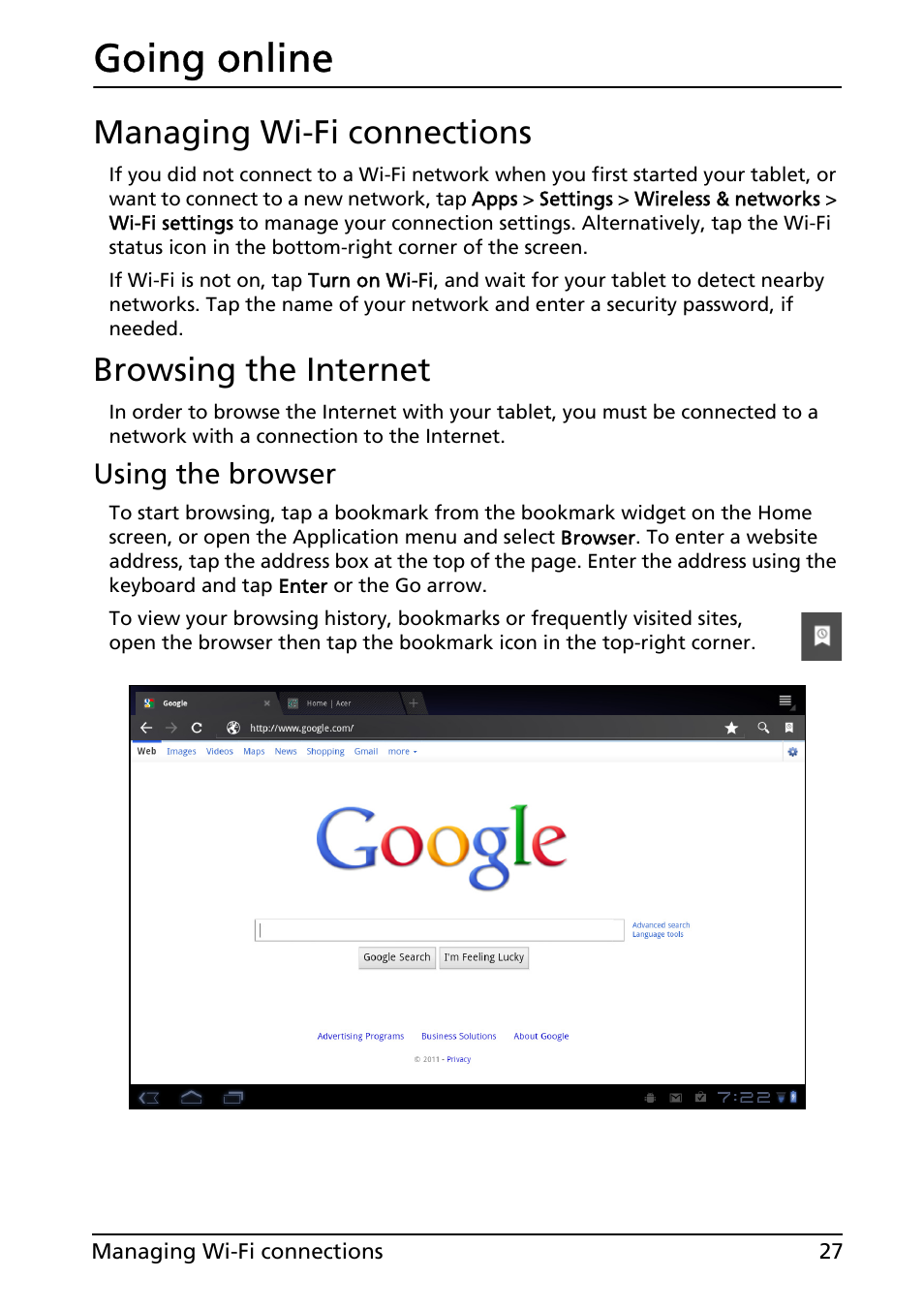 Going online, Managing wi-fi connections, Browsing the internet | Managing wi-fi connections browsing the internet | Acer A501 User Manual | Page 27 / 65