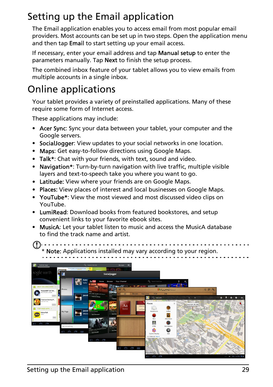 Setting up the email application, Online applications | Acer A501 User Manual | Page 29 / 65