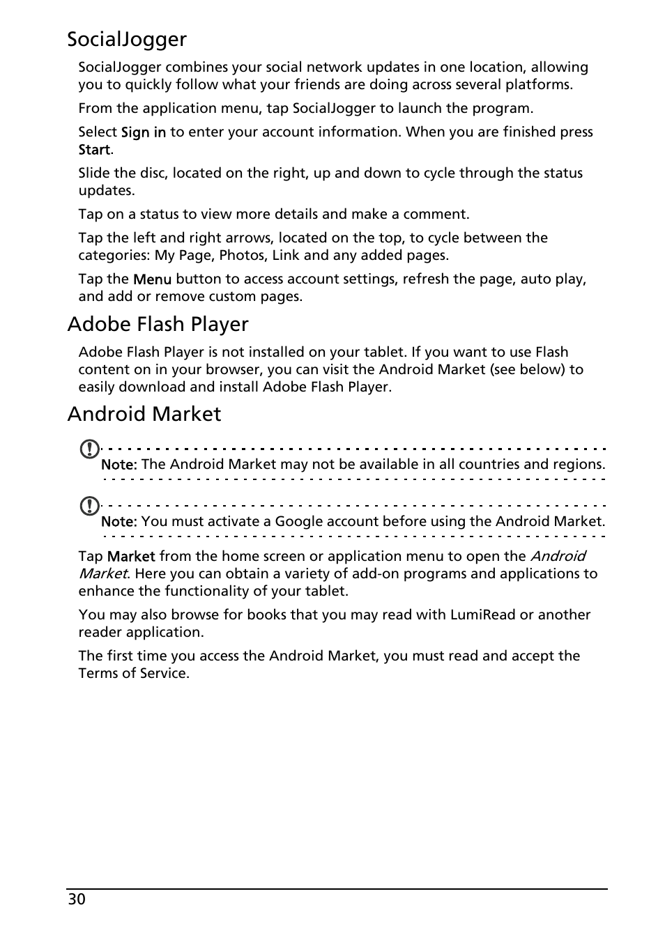 Socialjogger, Adobe flash player, Android market | Acer A501 User Manual | Page 30 / 65
