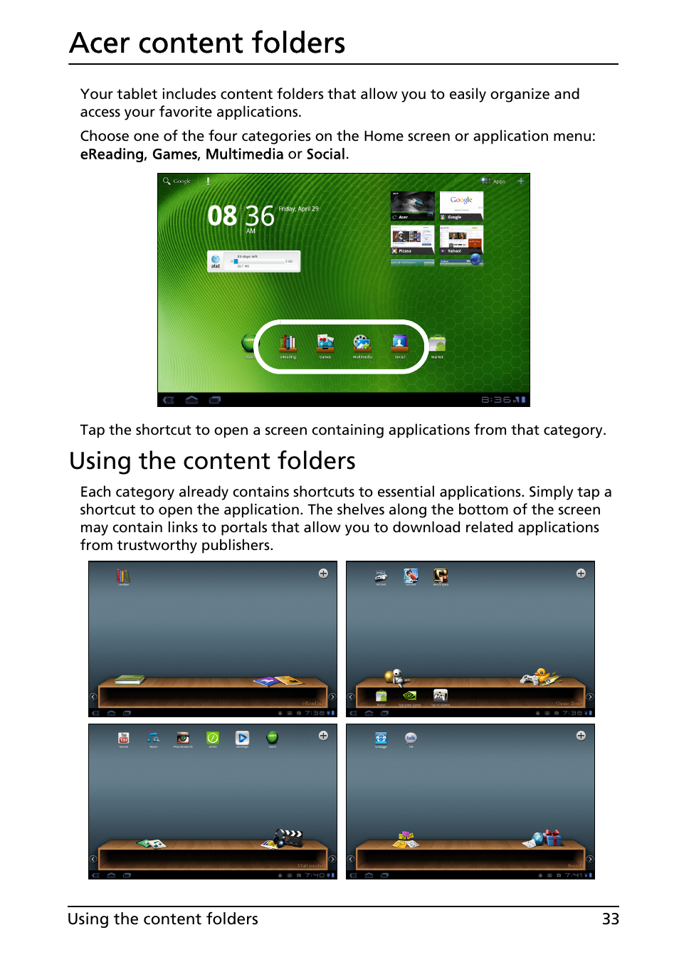 Acer content folders, Using the content folders | Acer A501 User Manual | Page 33 / 65