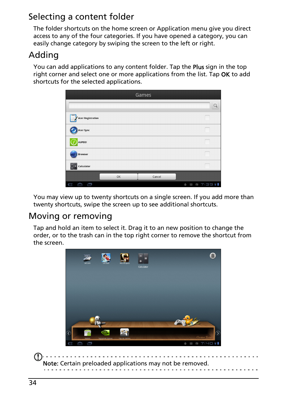 Selecting a content folder, Adding, Moving or removing | Acer A501 User Manual | Page 34 / 65
