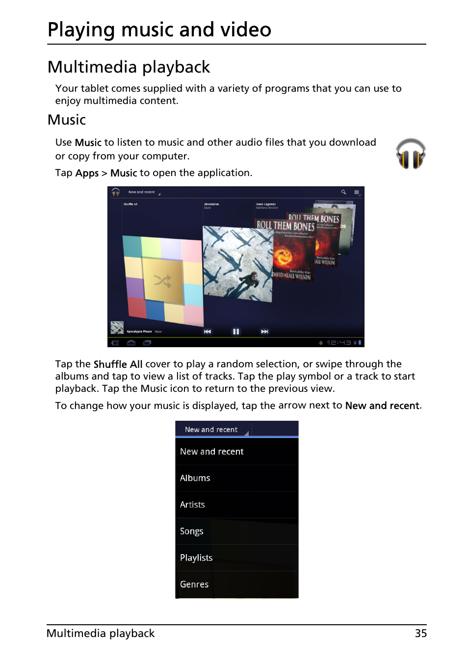 Playing music and video, Multimedia playback | Acer A501 User Manual | Page 35 / 65