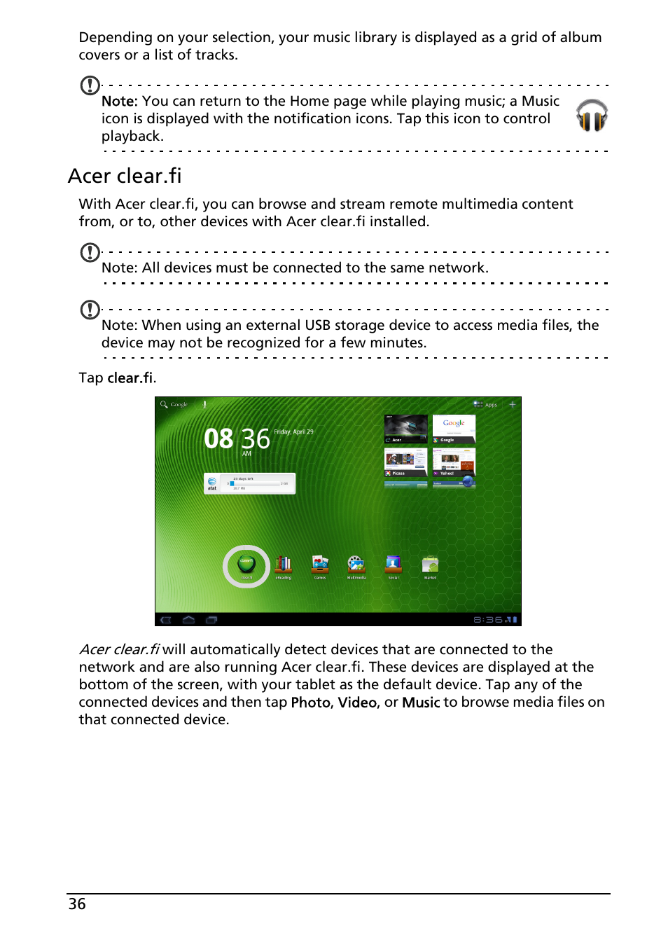 Acer clear.fi | Acer A501 User Manual | Page 36 / 65