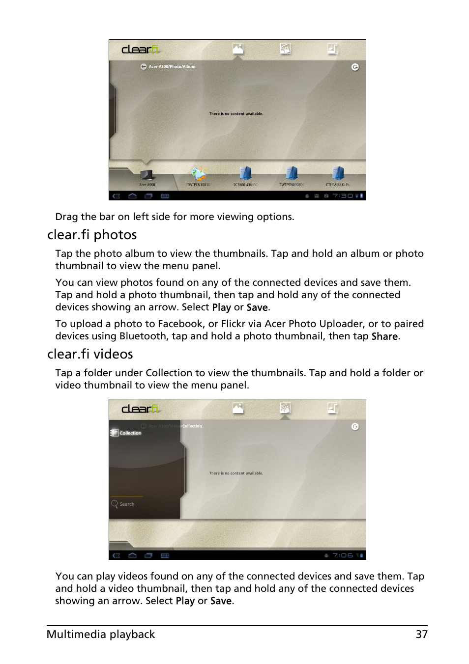 Clear.fi photos, Clear.fi videos | Acer A501 User Manual | Page 37 / 65