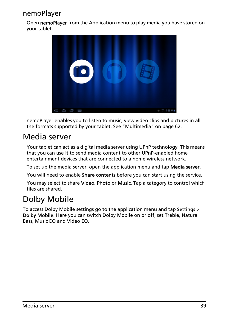 Media server, Dolby mobile, Media server dolby mobile | Nemoplayer | Acer A501 User Manual | Page 39 / 65