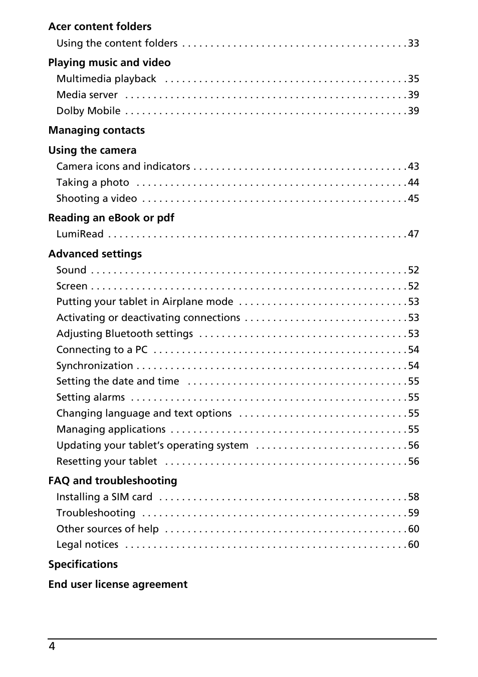 Acer A501 User Manual | Page 4 / 65