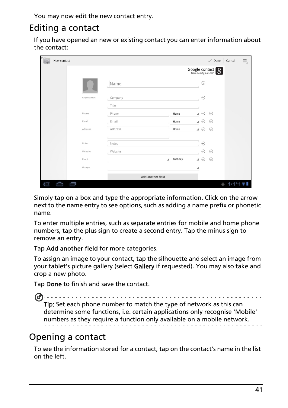 Editing a contact, Opening a contact | Acer A501 User Manual | Page 41 / 65