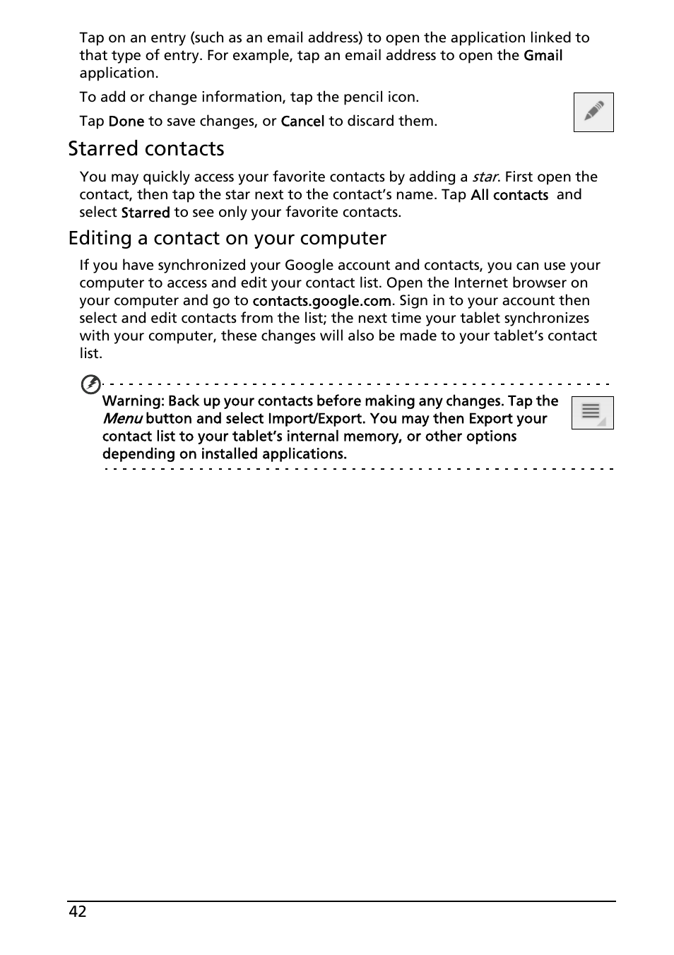 Starred contacts, Editing a contact on your computer | Acer A501 User Manual | Page 42 / 65