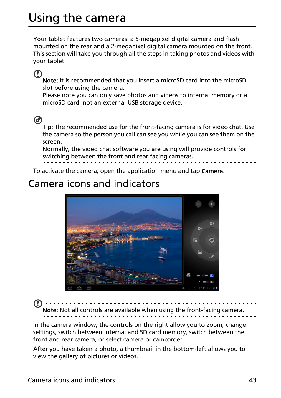 Using the camera, Camera icons and indicators | Acer A501 User Manual | Page 43 / 65