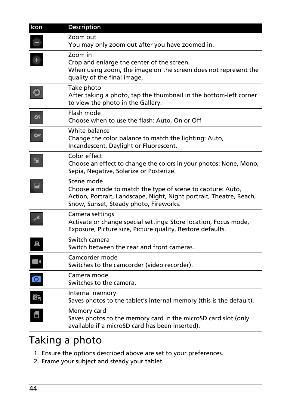 Taking a photo | Acer A501 User Manual | Page 44 / 65