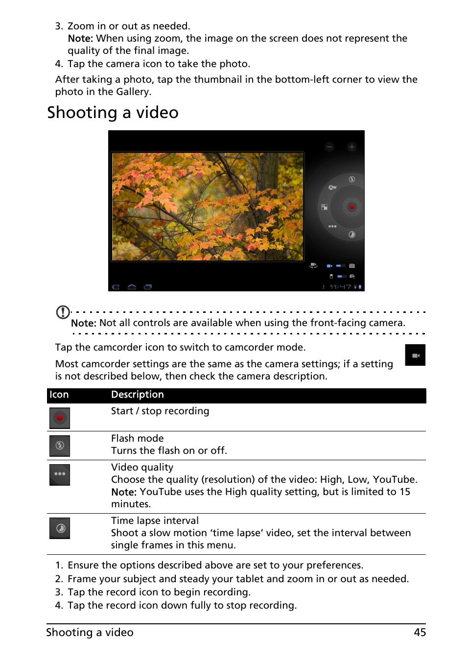 Shooting a video | Acer A501 User Manual | Page 45 / 65