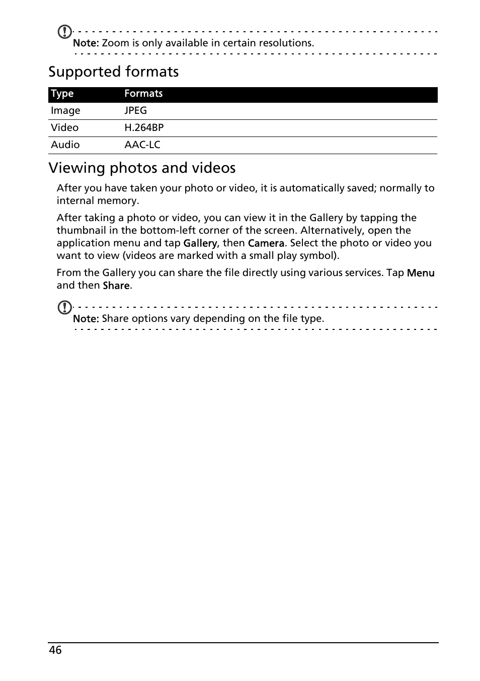 Supported formats viewing photos and videos | Acer A501 User Manual | Page 46 / 65