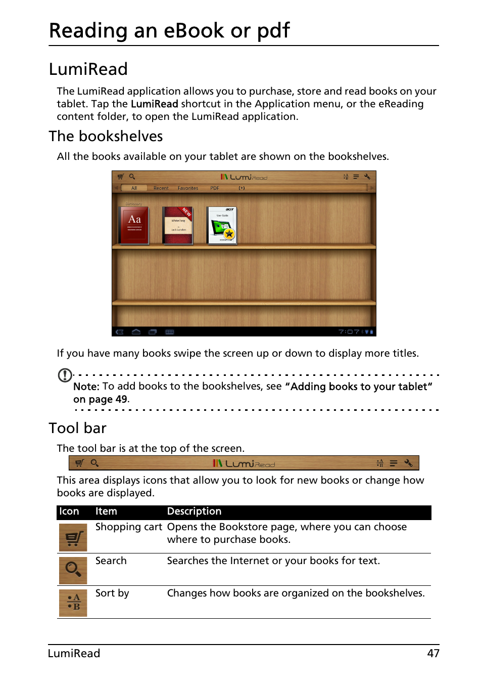 Reading an ebook or pdf, Lumiread, The bookshelves | Tool bar | Acer A501 User Manual | Page 47 / 65