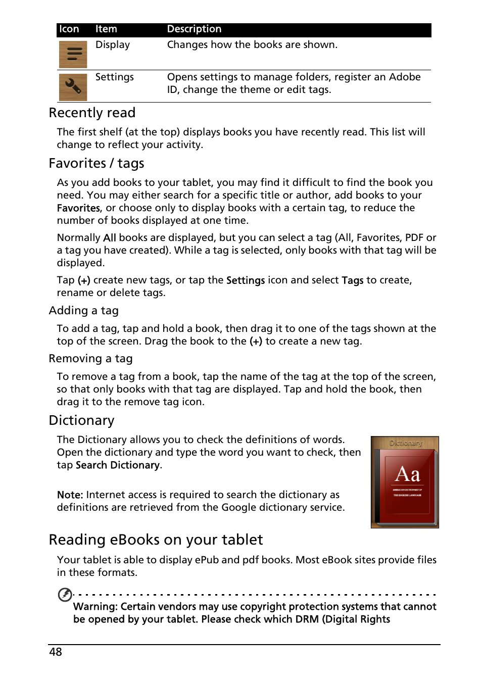 Reading ebooks on your tablet, Recently read, Favorites / tags | Dictionary | Acer A501 User Manual | Page 48 / 65