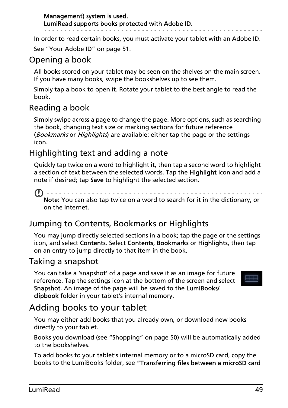 Adding books to your tablet, Opening a book, Reading a book | Jumping to contents, bookmarks or highlights, Taking a snapshot | Acer A501 User Manual | Page 49 / 65