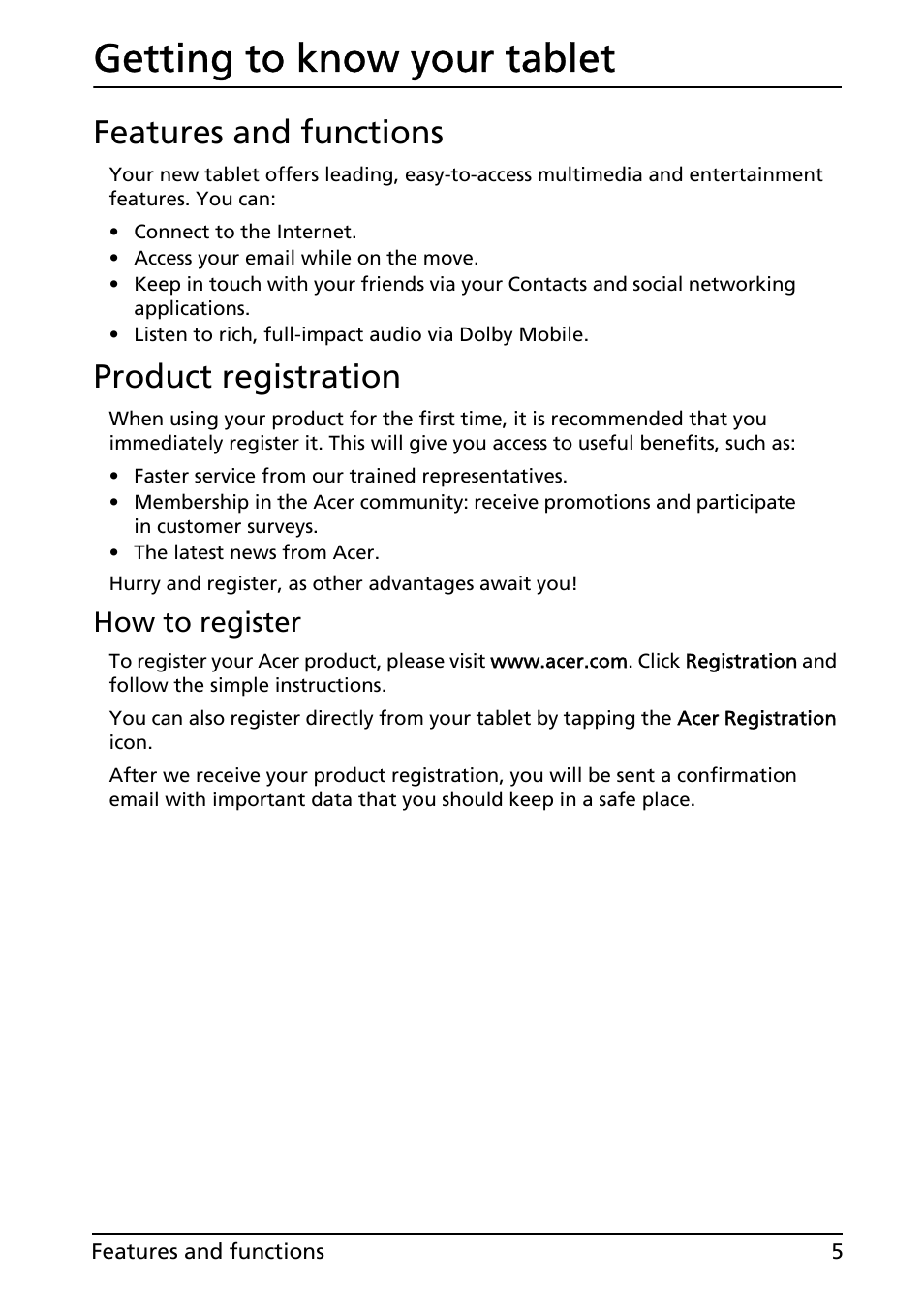 Getting to know your tablet, Features and functions, Product registration | Features and functions product registration, How to register | Acer A501 User Manual | Page 5 / 65