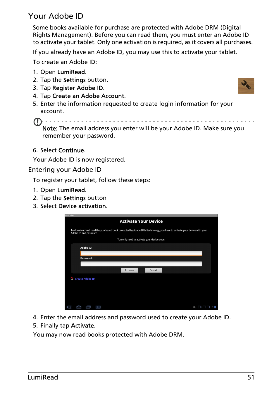 Your adobe id | Acer A501 User Manual | Page 51 / 65