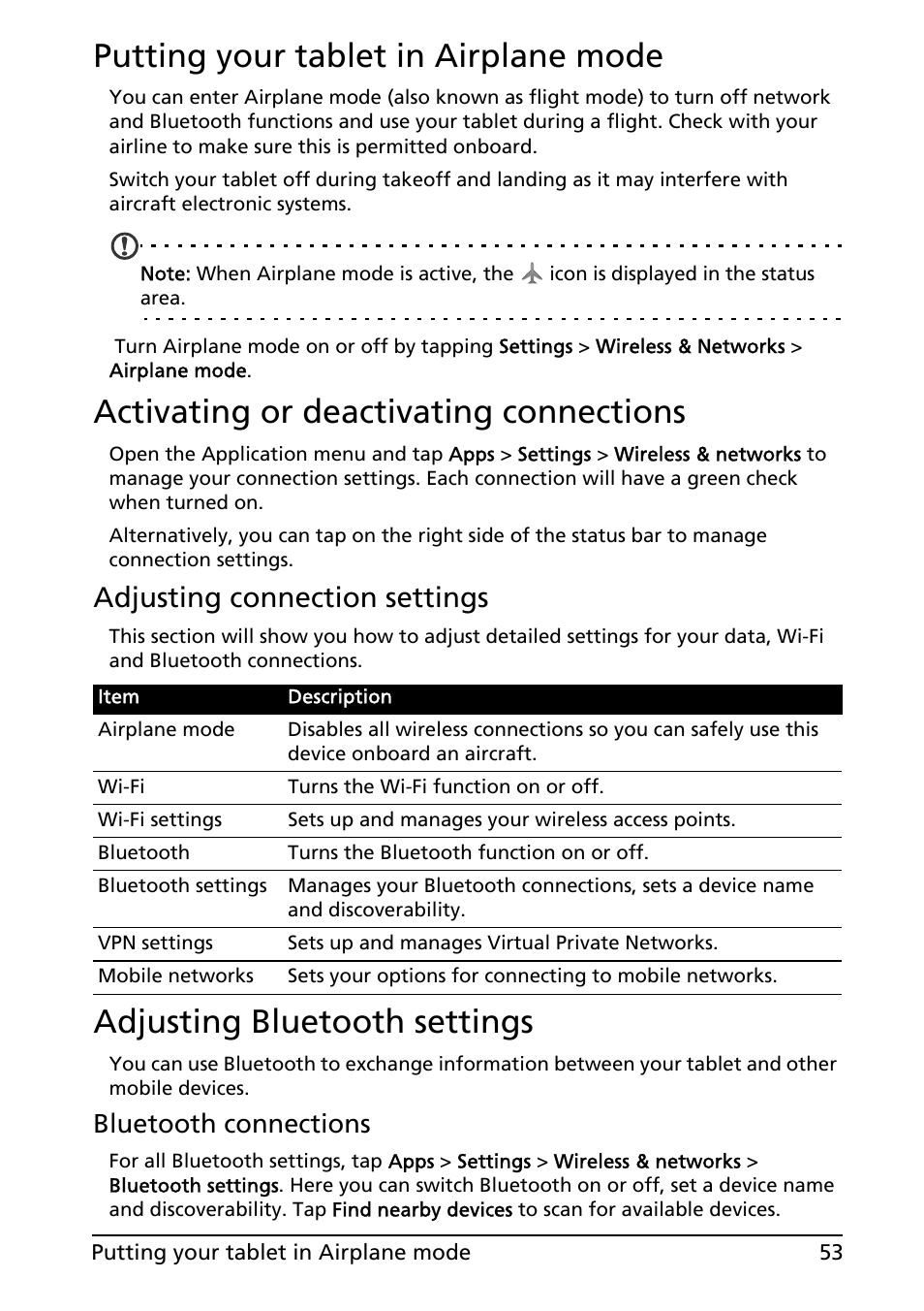 Putting your tablet in airplane mode, Activating or deactivating connections, Adjusting bluetooth settings | Adjusting connection settings, Bluetooth connections | Acer A501 User Manual | Page 53 / 65