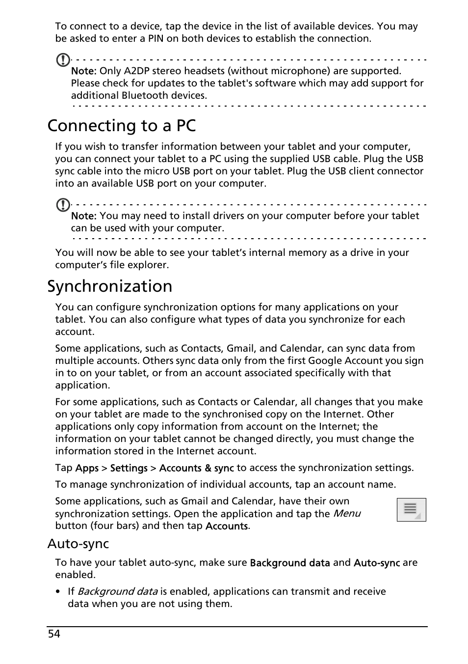 Connecting to a pc, Synchronization, Connecting to a pc synchronization | Auto-sync | Acer A501 User Manual | Page 54 / 65