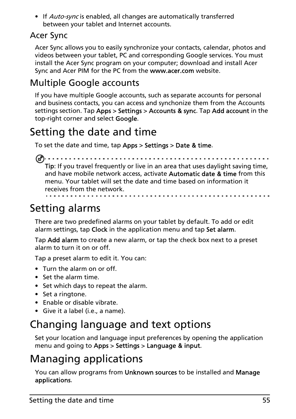 Setting the date and time, Setting alarms, Changing language and text options | Managing applications, Multiple google accounts | Acer A501 User Manual | Page 55 / 65