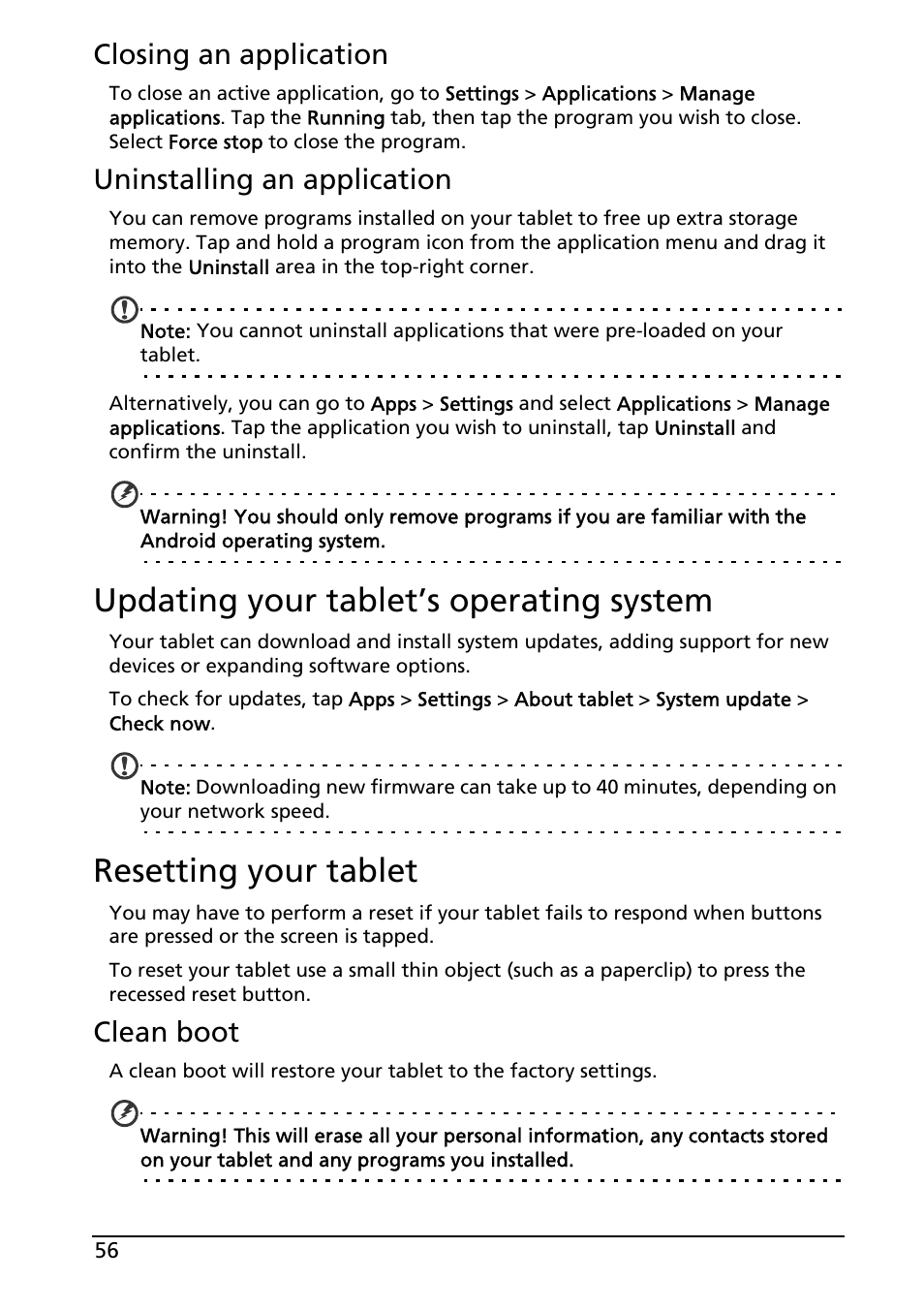 Updating your tablet’s operating system, Resetting your tablet, Closing an application | Uninstalling an application, Clean boot | Acer A501 User Manual | Page 56 / 65