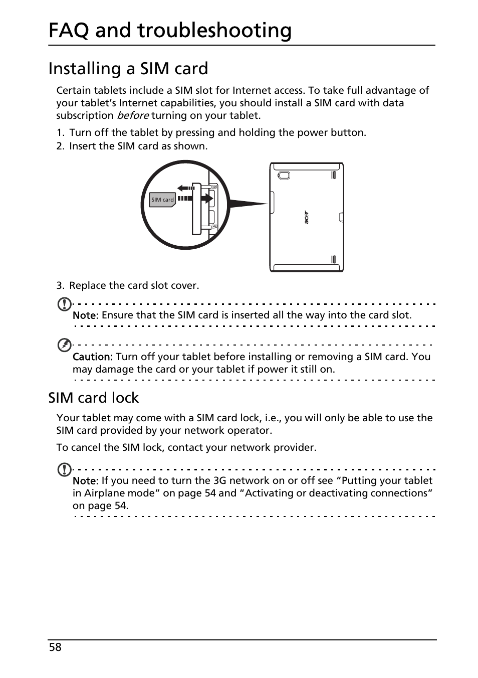 Faq and troubleshooting, Installing a sim card, Sim card lock | Acer A501 User Manual | Page 58 / 65