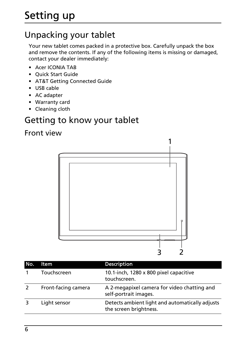 Setting up, Unpacking your tablet, Getting to know your tablet | Unpacking your tablet getting to know your tablet, Front 1 2 3 view | Acer A501 User Manual | Page 6 / 65