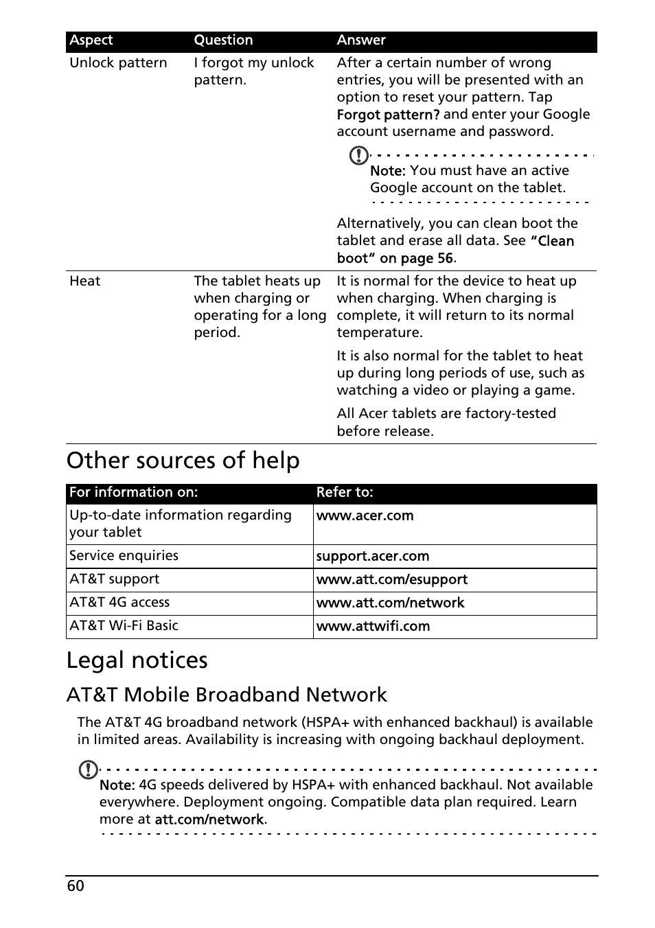 Other sources of help, Legal notices, Other sources of help legal notices | At&t mobile broadband network | Acer A501 User Manual | Page 60 / 65