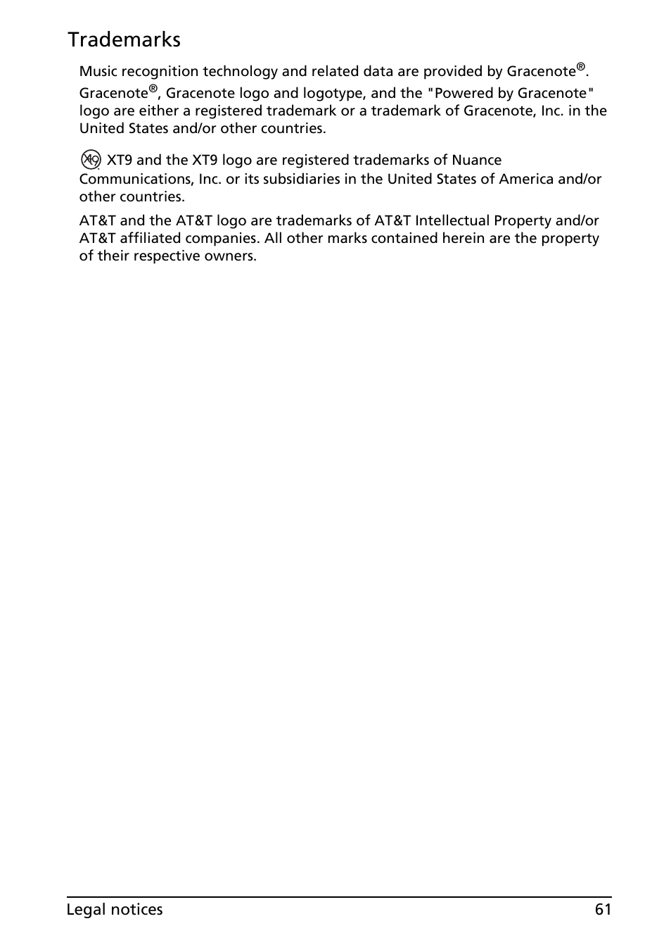 Trademarks | Acer A501 User Manual | Page 61 / 65