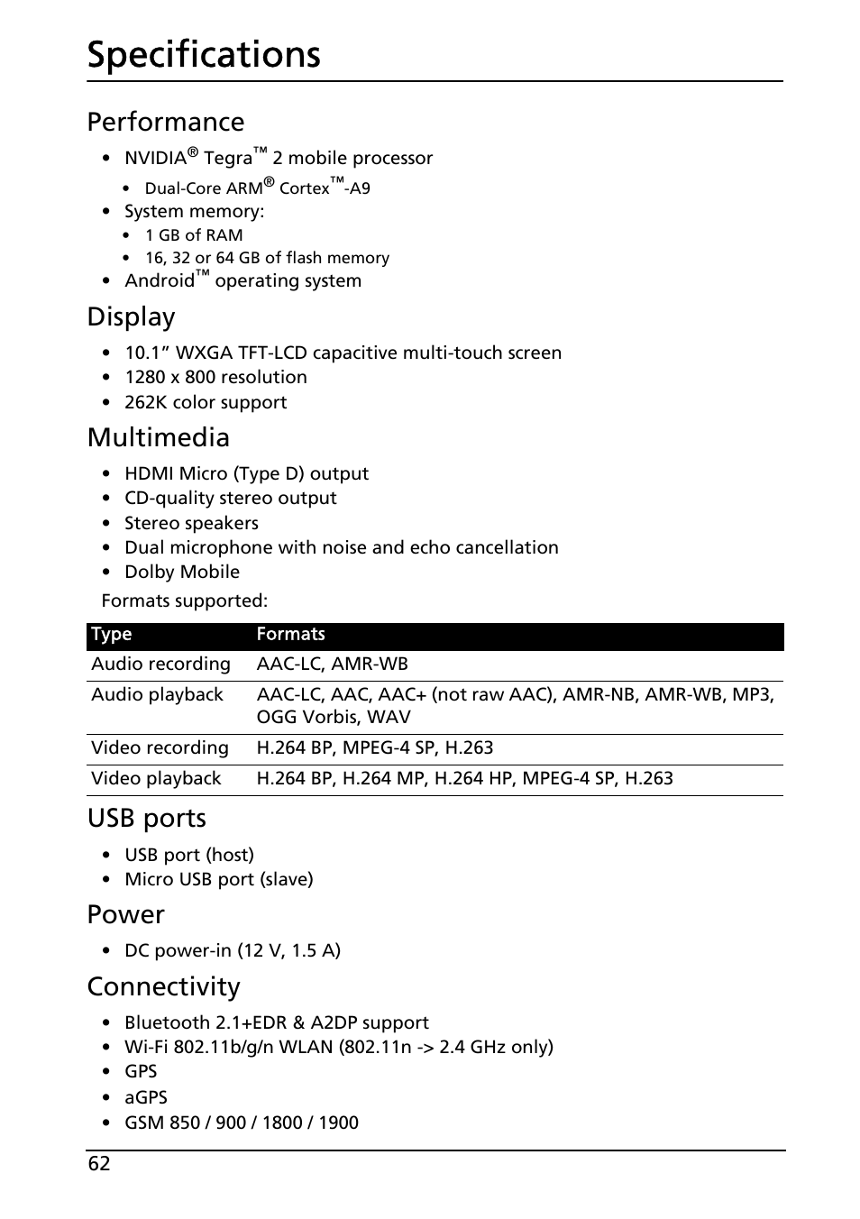 Specifications, Performance, Display | Multimedia, Usb ports, Power, Connectivity | Acer A501 User Manual | Page 62 / 65