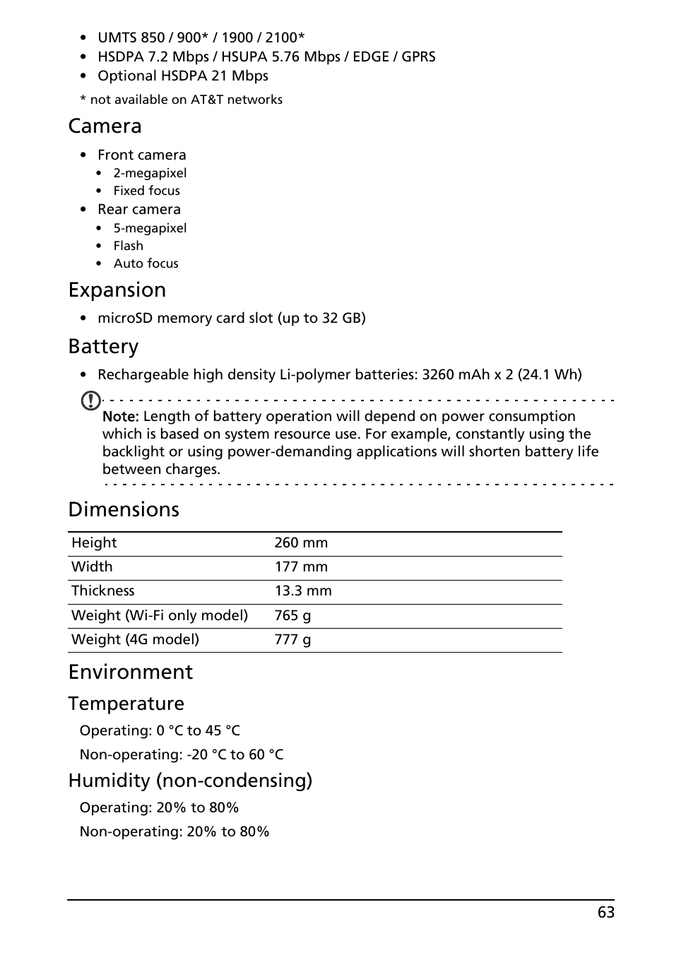 Camera, Expansion, Battery | Dimensions environment, Temperature, Humidity (non-condensing) | Acer A501 User Manual | Page 63 / 65