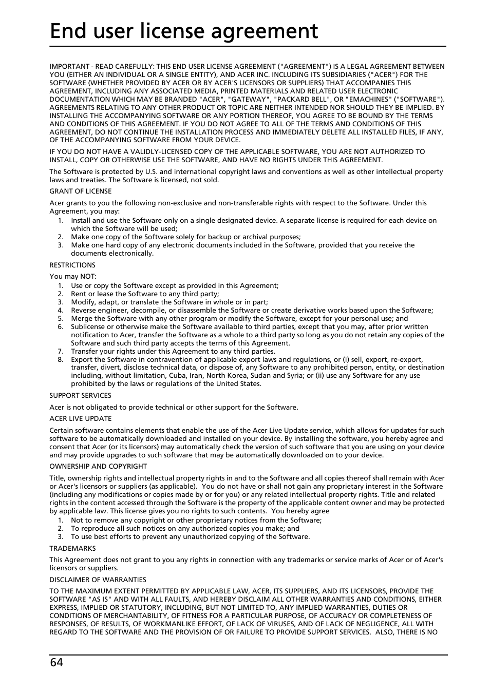 End user license agreement | Acer A501 User Manual | Page 64 / 65