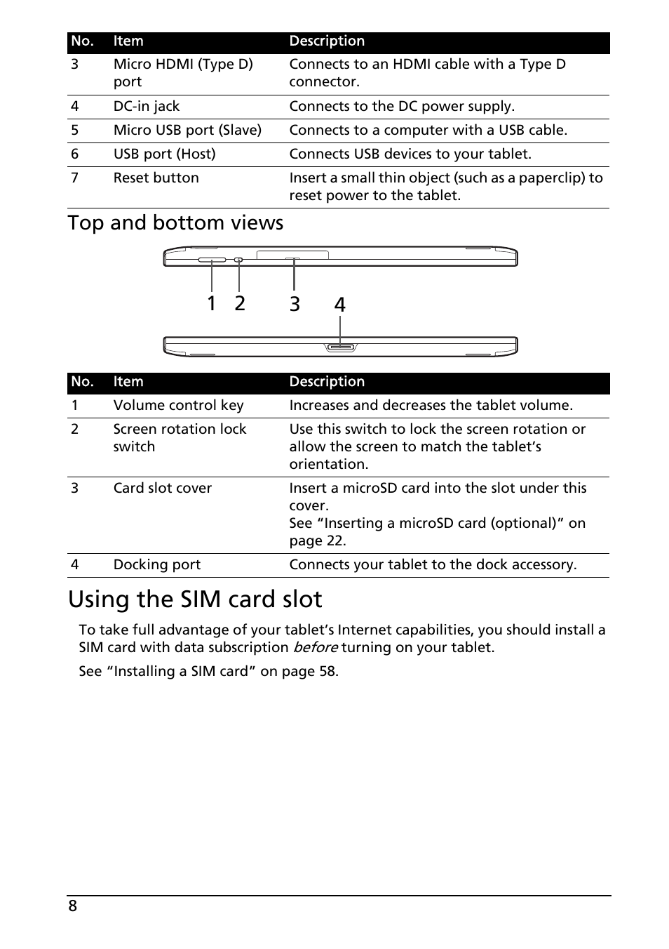 Using the sim card slot, Top and bottom 4 1 2 3 views | Acer A501 User Manual | Page 8 / 65