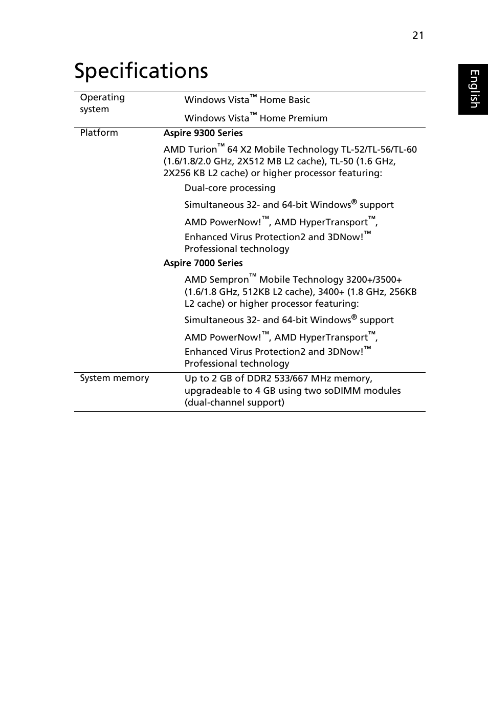 Specifications, Eng lis h | Acer Aspire 9300 User Manual | Page 39 / 107