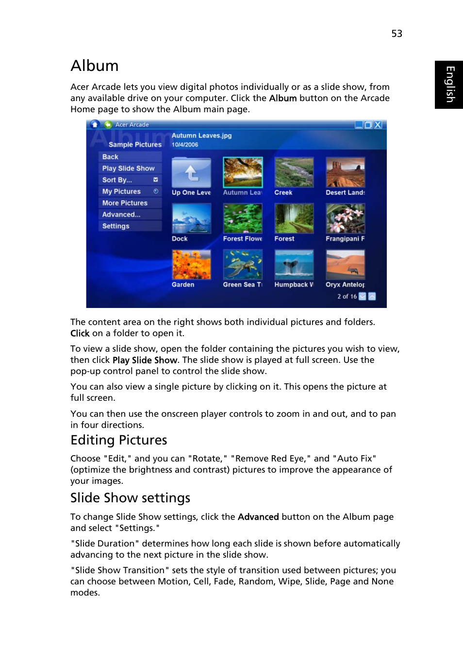 Album, Editing pictures, Slide show settings | Acer Aspire 9300 User Manual | Page 71 / 107
