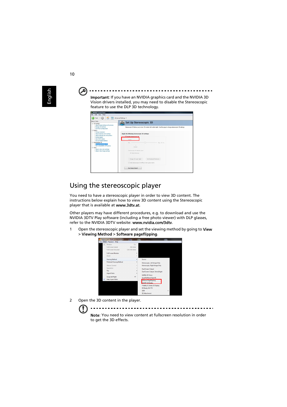 Using the stereoscopic player | Acer P1223 User Manual | Page 10 / 12