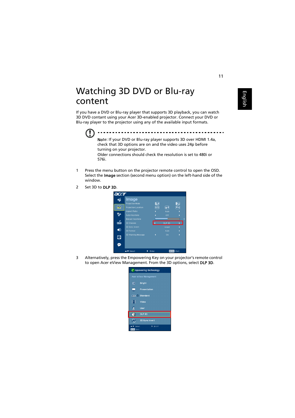 Watching 3d dvd or blu-ray content | Acer P1223 User Manual | Page 11 / 12