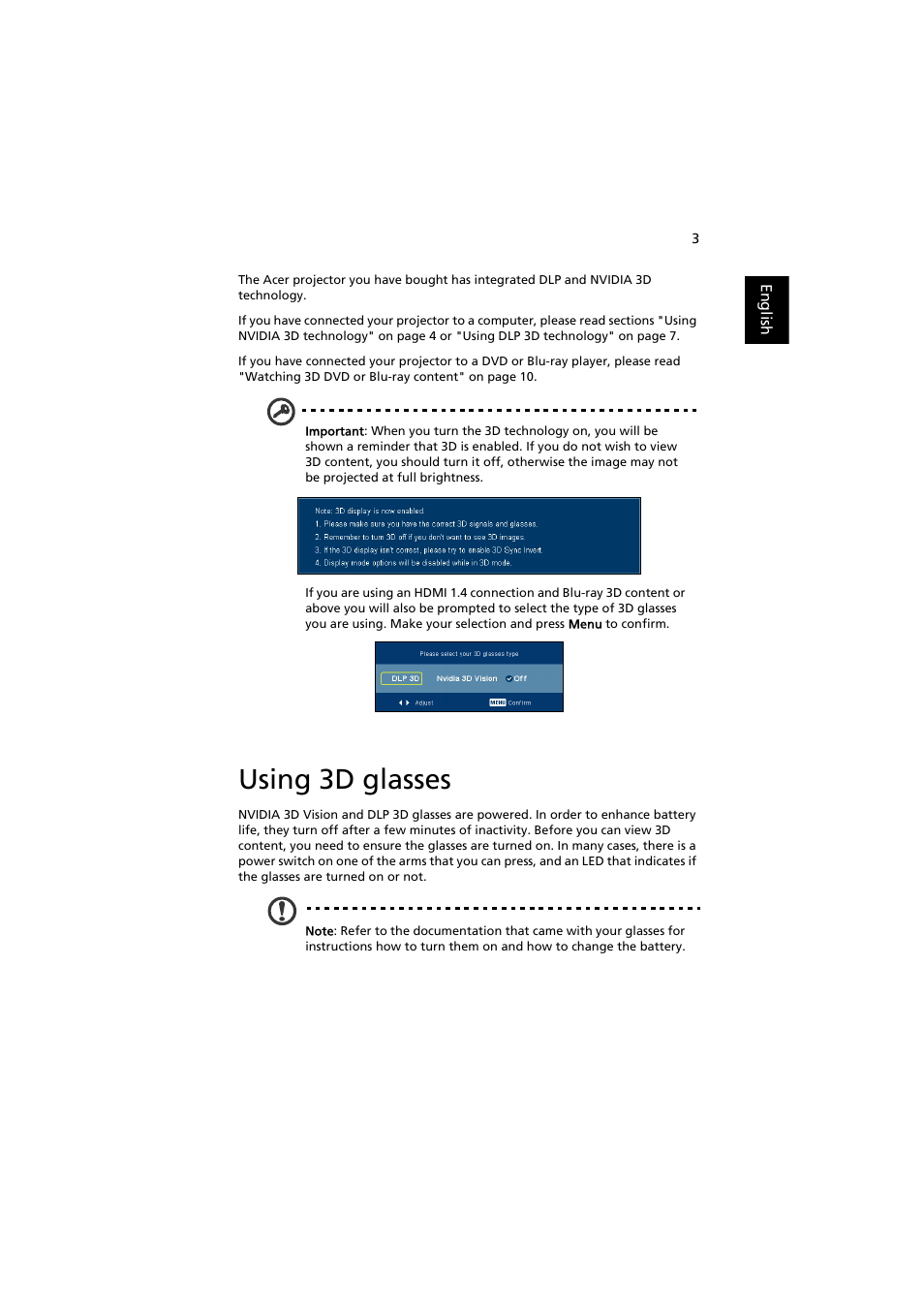 Using 3d glasses | Acer P1223 User Manual | Page 3 / 12