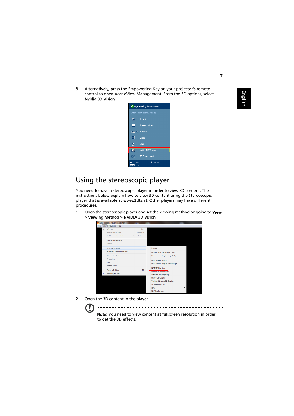 Using the stereoscopic player | Acer P1223 User Manual | Page 7 / 12