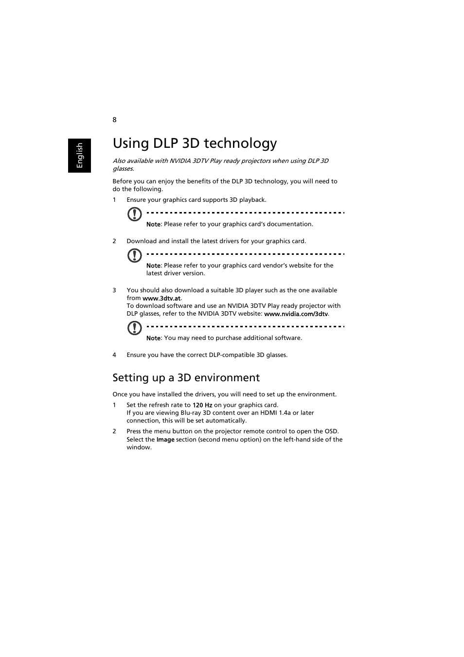 Using dlp 3d technology, Setting up a 3d environment | Acer P1223 User Manual | Page 8 / 12