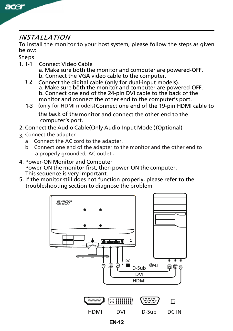 Installation | Acer S231HL User Manual | Page 13 / 23