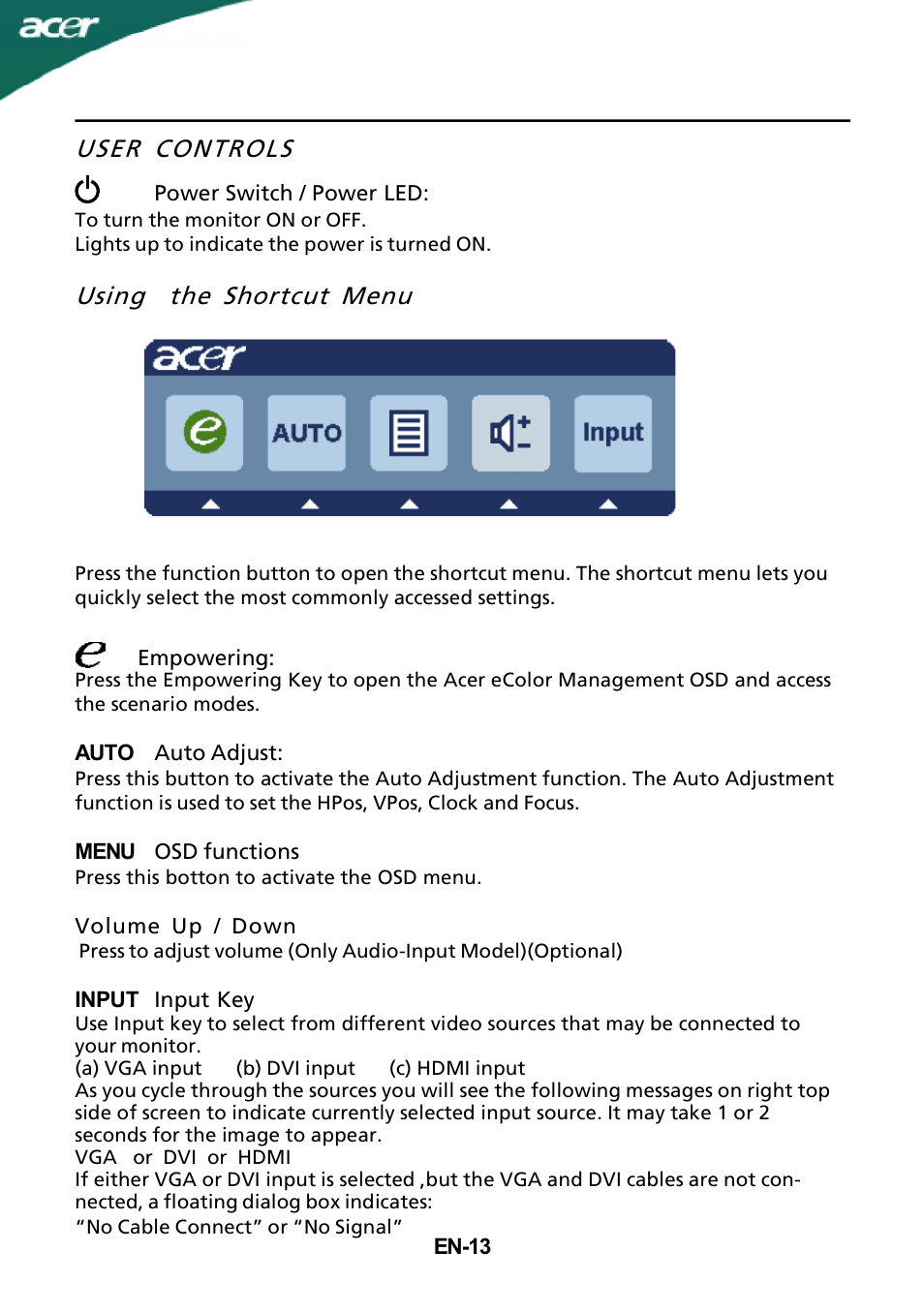 User controls, Using the shortcut menu | Acer S231HL User Manual | Page 14 / 23