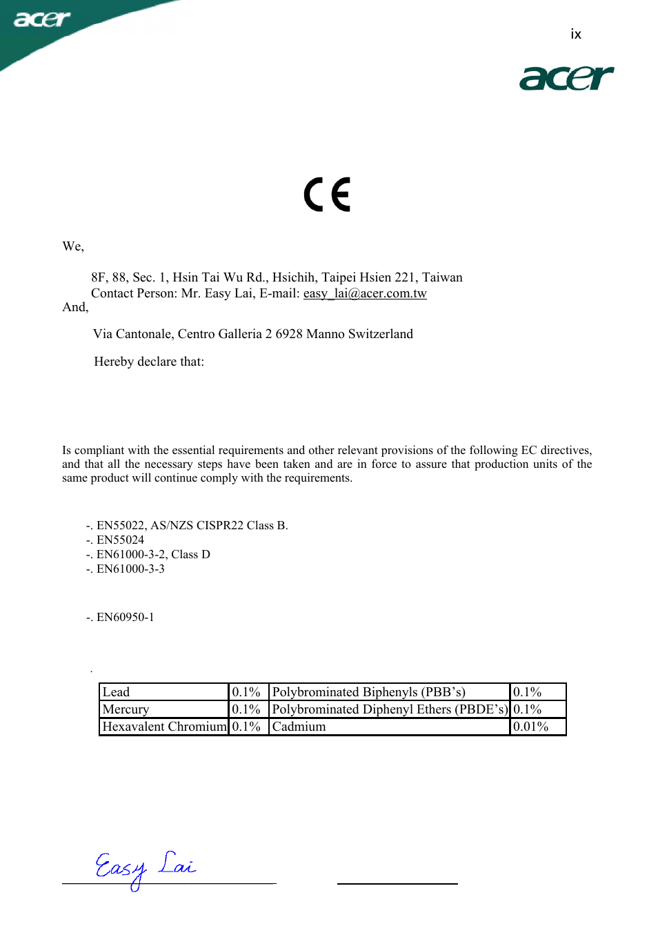 Declaration of conformity | Acer S231HL User Manual | Page 22 / 23