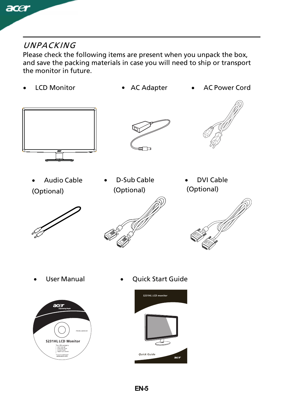 Unpacking | Acer S231HL User Manual | Page 6 / 23